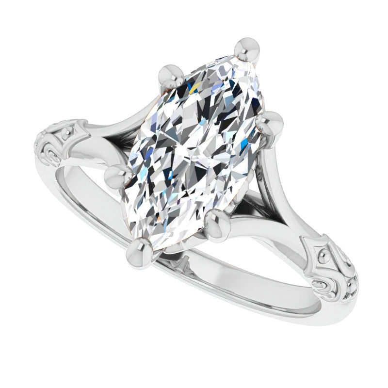 Marquise Moissanite Scroll Accent Cathedral Engagement Ring