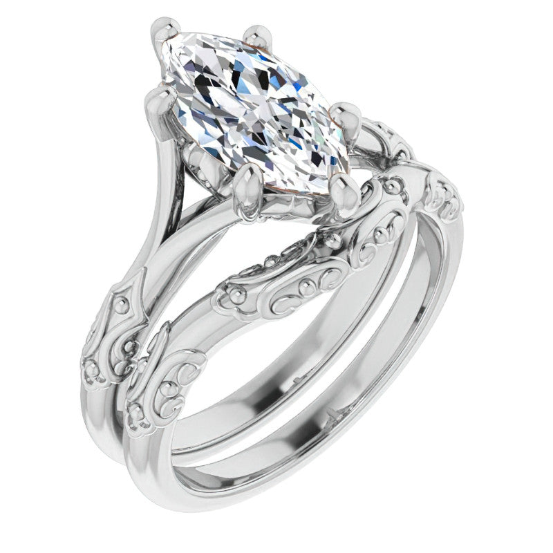 Marquise Moissanite Scroll Accent Cathedral Engagement Ring