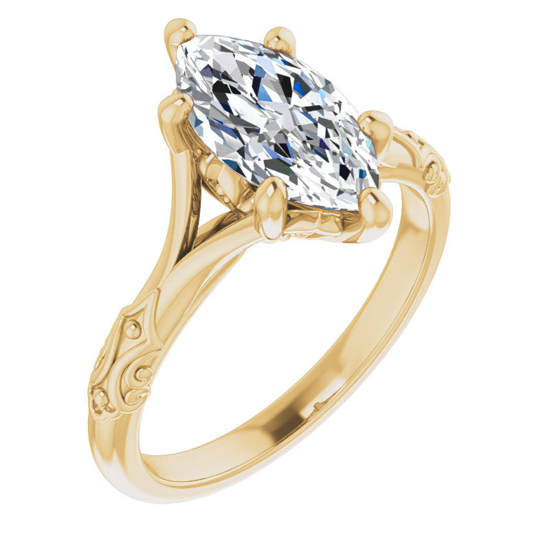 Marquise Moissanite Scroll Accent Cathedral Engagement Ring