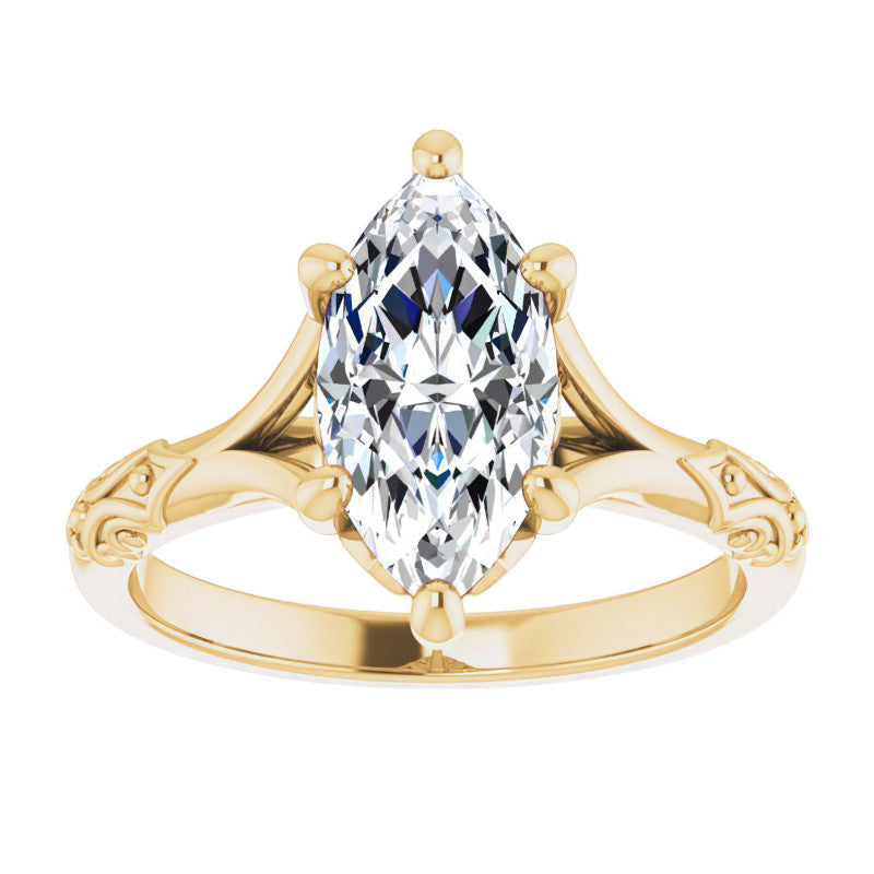 Marquise Moissanite Scroll Accent Cathedral Engagement Ring