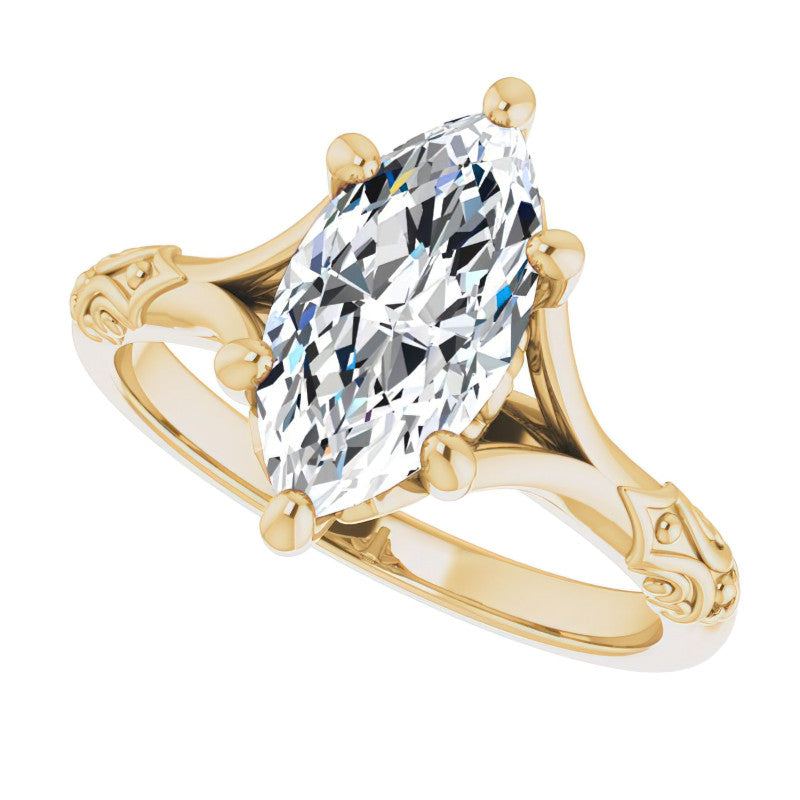 Marquise Moissanite Scroll Accent Cathedral Engagement Ring