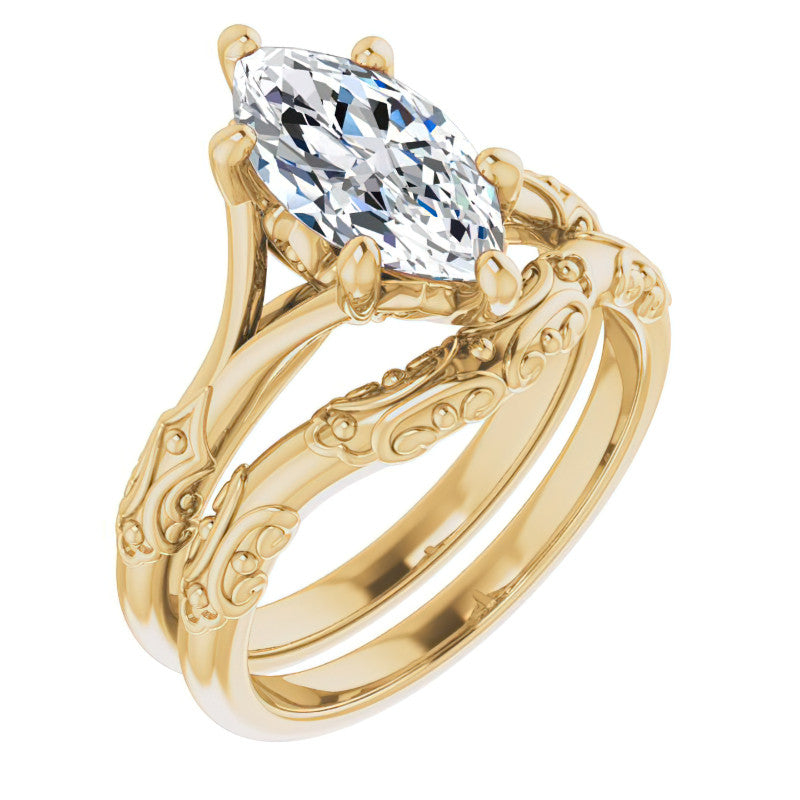 Marquise Moissanite Scroll Accent Cathedral Engagement Ring