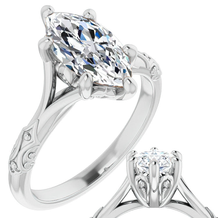 Marquise Moissanite Scroll Accent Cathedral Engagement Ring