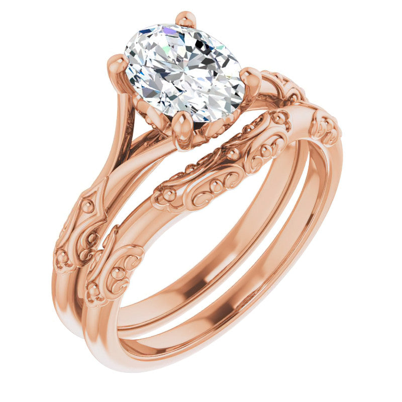 Oval Moissanite Scroll Accent Cathedral Engagement Ring