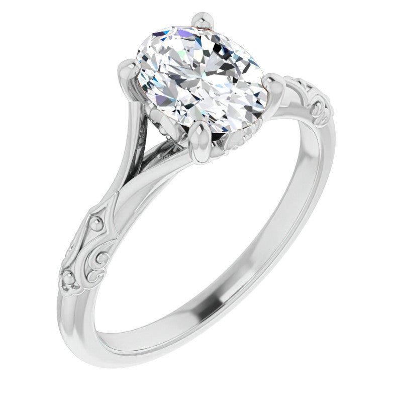 Oval Moissanite Scroll Accent Cathedral Engagement Ring