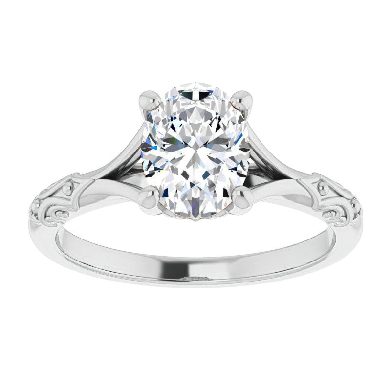 Oval Moissanite Scroll Accent Cathedral Engagement Ring