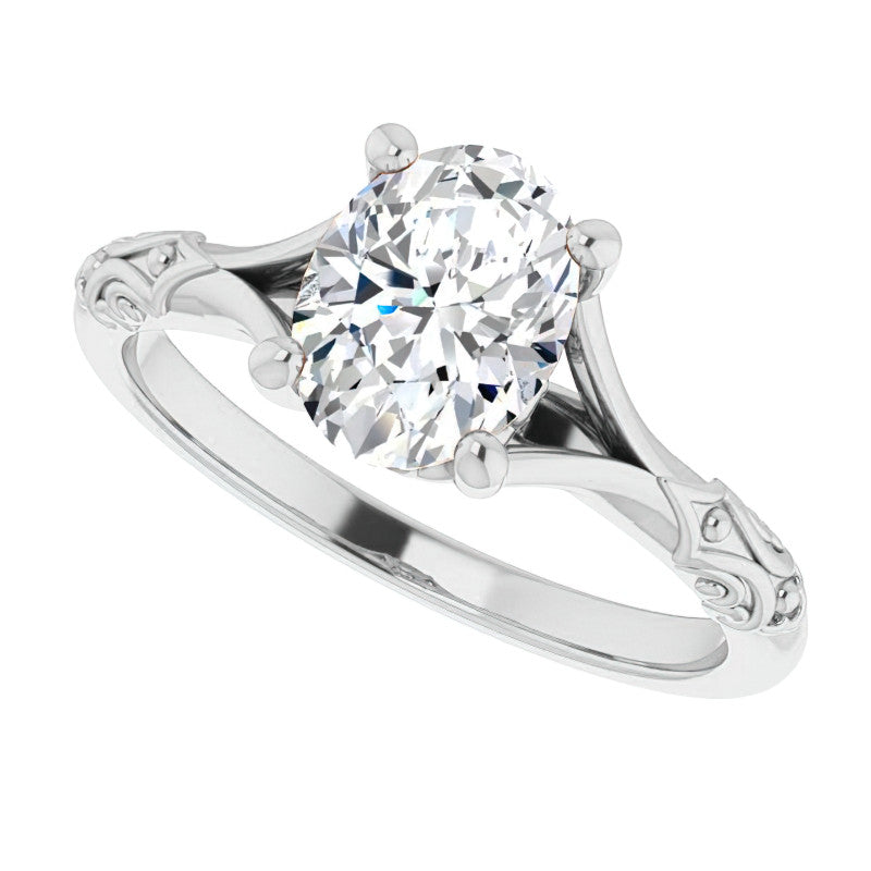 Oval Moissanite Scroll Accent Cathedral Engagement Ring