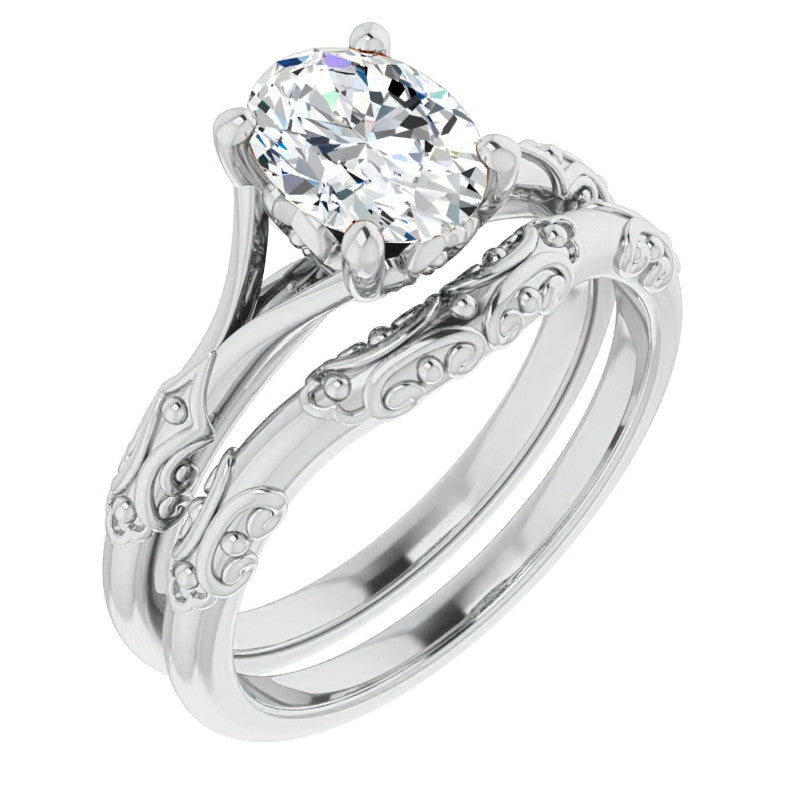 Oval Moissanite Scroll Accent Cathedral Engagement Ring