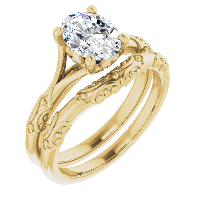 Oval Moissanite Scroll Accent Cathedral Engagement Ring