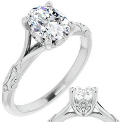 Oval Moissanite Scroll Accent Cathedral Engagement Ring