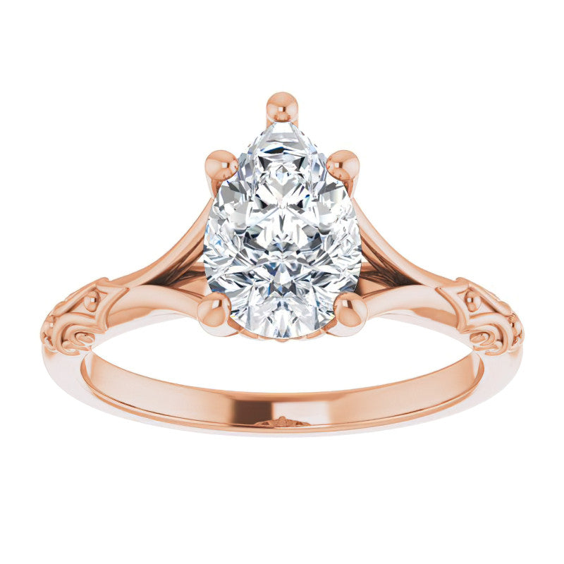 Pear Moissanite Scroll Accent Cathedral Engagement Ring
