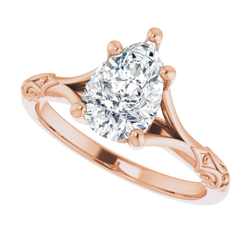 Pear Moissanite Scroll Accent Cathedral Engagement Ring