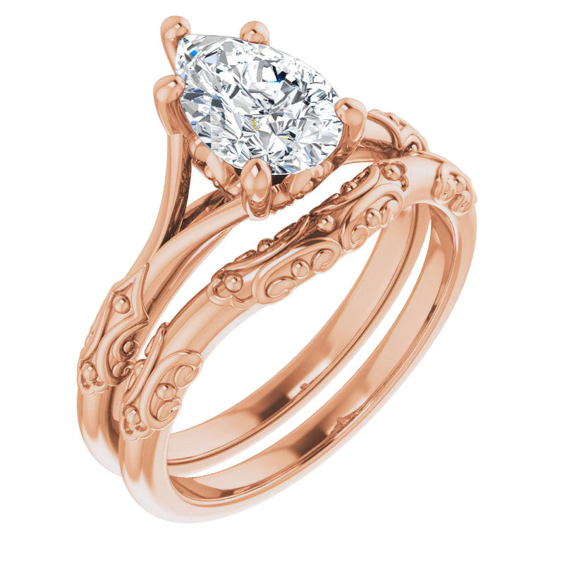 Pear Moissanite Scroll Accent Cathedral Engagement Ring