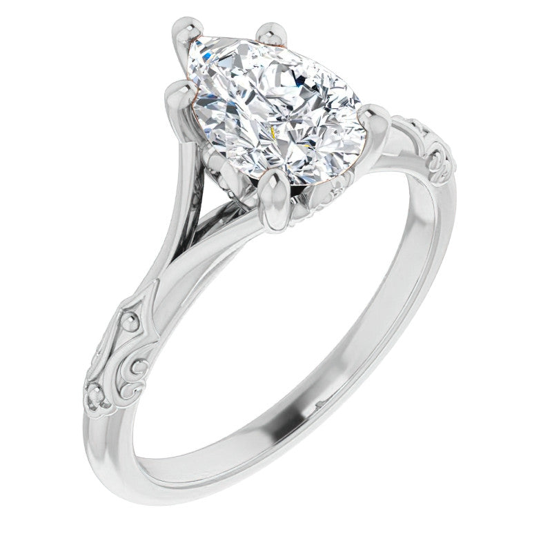 Pear Moissanite Scroll Accent Cathedral Engagement Ring