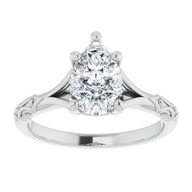Pear Moissanite Scroll Accent Cathedral Engagement Ring