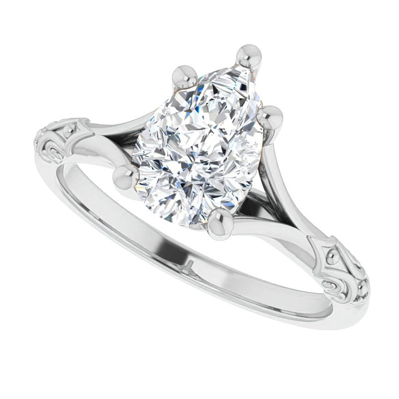 Pear Moissanite Scroll Accent Cathedral Engagement Ring