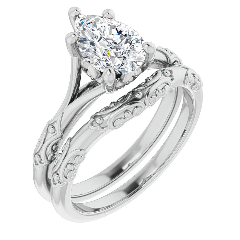 Pear Moissanite Scroll Accent Cathedral Engagement Ring