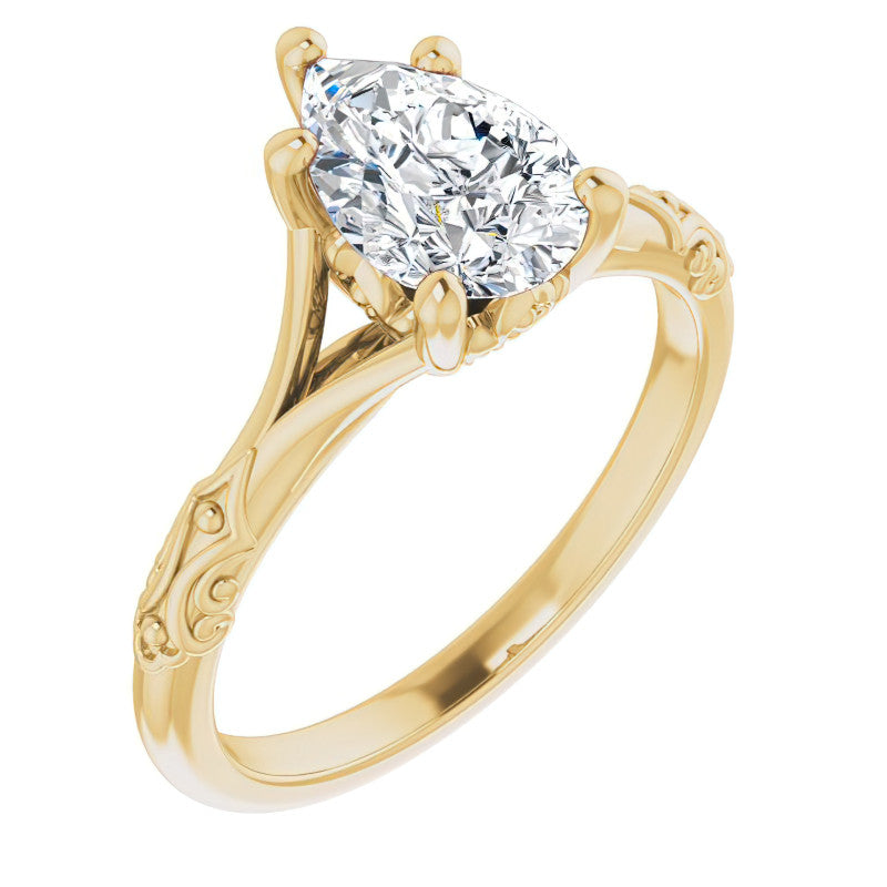 Pear Moissanite Scroll Accent Cathedral Engagement Ring