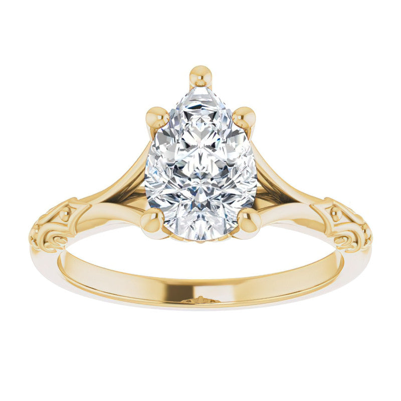 Pear Moissanite Scroll Accent Cathedral Engagement Ring