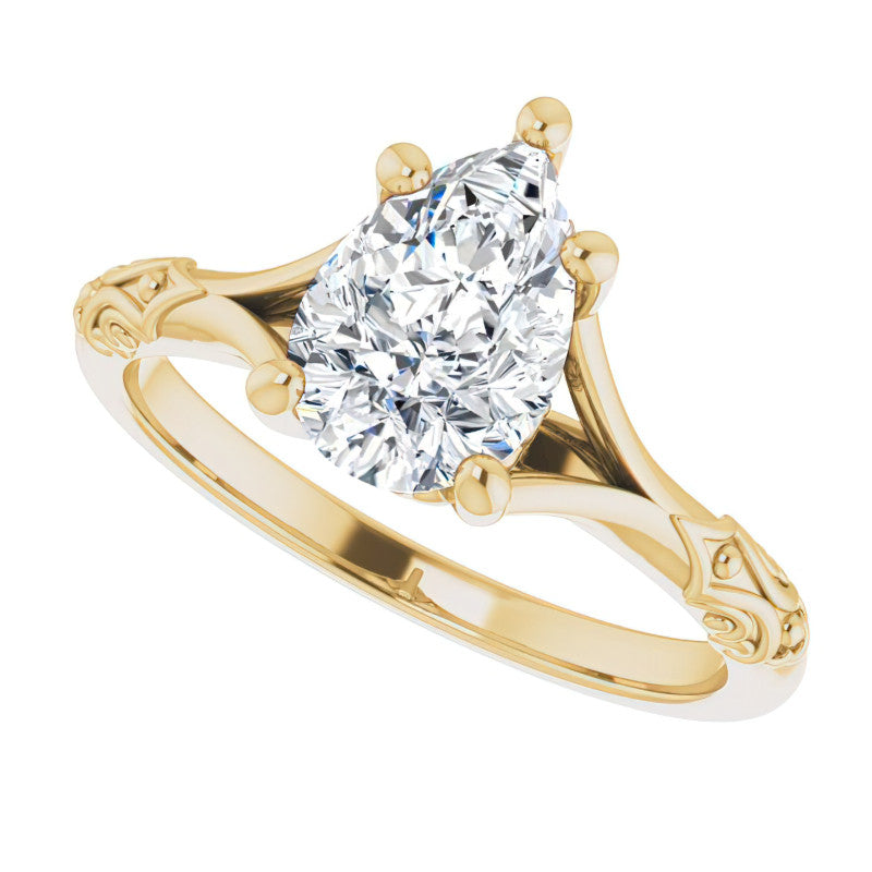 Pear Moissanite Scroll Accent Cathedral Engagement Ring