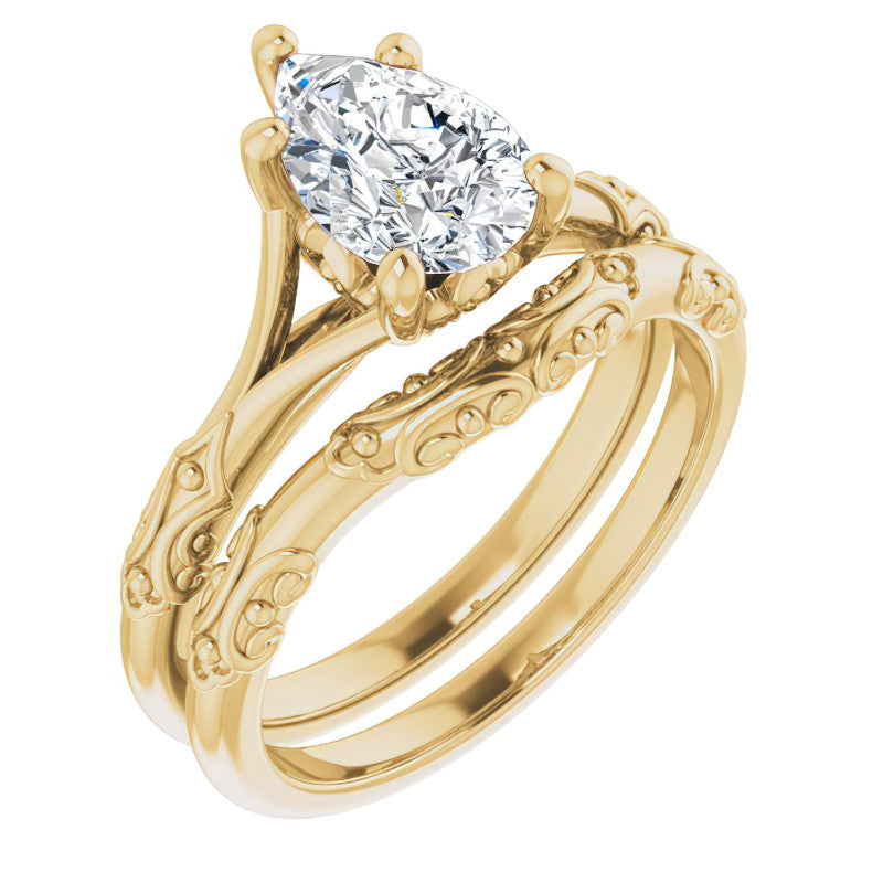 Pear Moissanite Scroll Accent Cathedral Engagement Ring