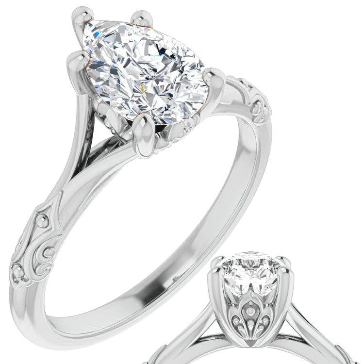 Pear Moissanite Scroll Accent Cathedral Engagement Ring