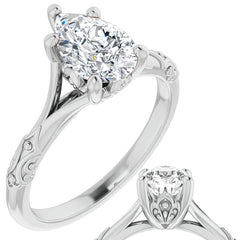 Pear Moissanite Scroll Accent Cathedral Engagement Ring