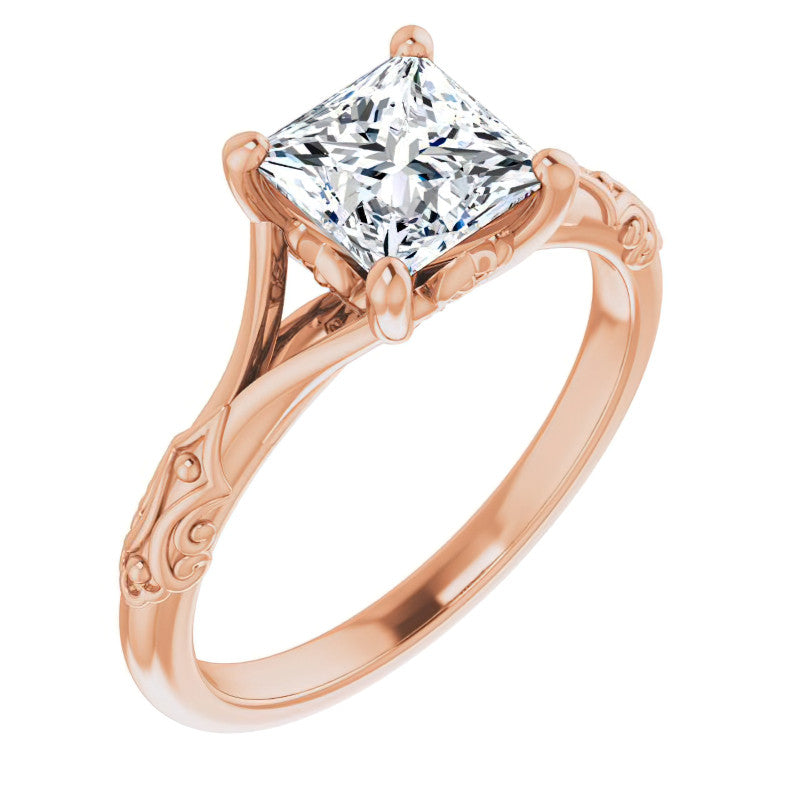 Princess cut Moissanite Scroll Accent Cathedral Engagement Ring