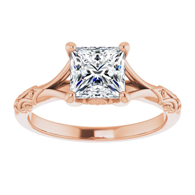 Princess cut Moissanite Scroll Accent Cathedral Engagement Ring