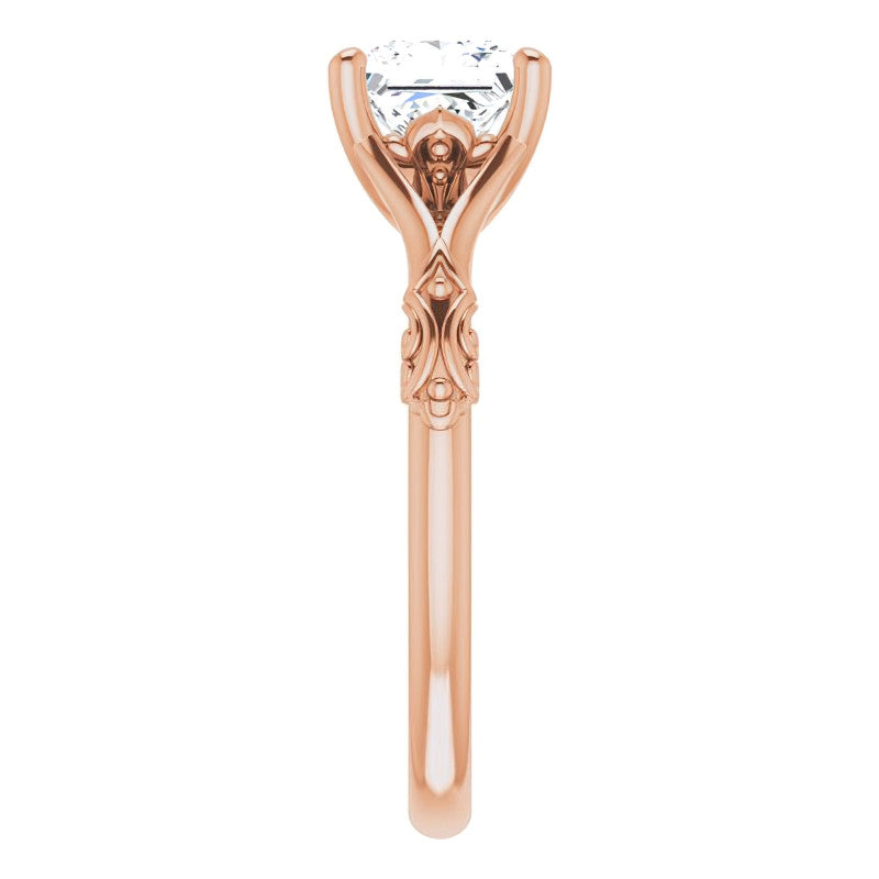 Princess cut Moissanite Scroll Accent Cathedral Engagement Ring