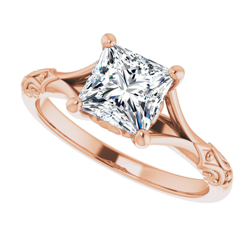 Princess cut Moissanite Scroll Accent Cathedral Engagement Ring