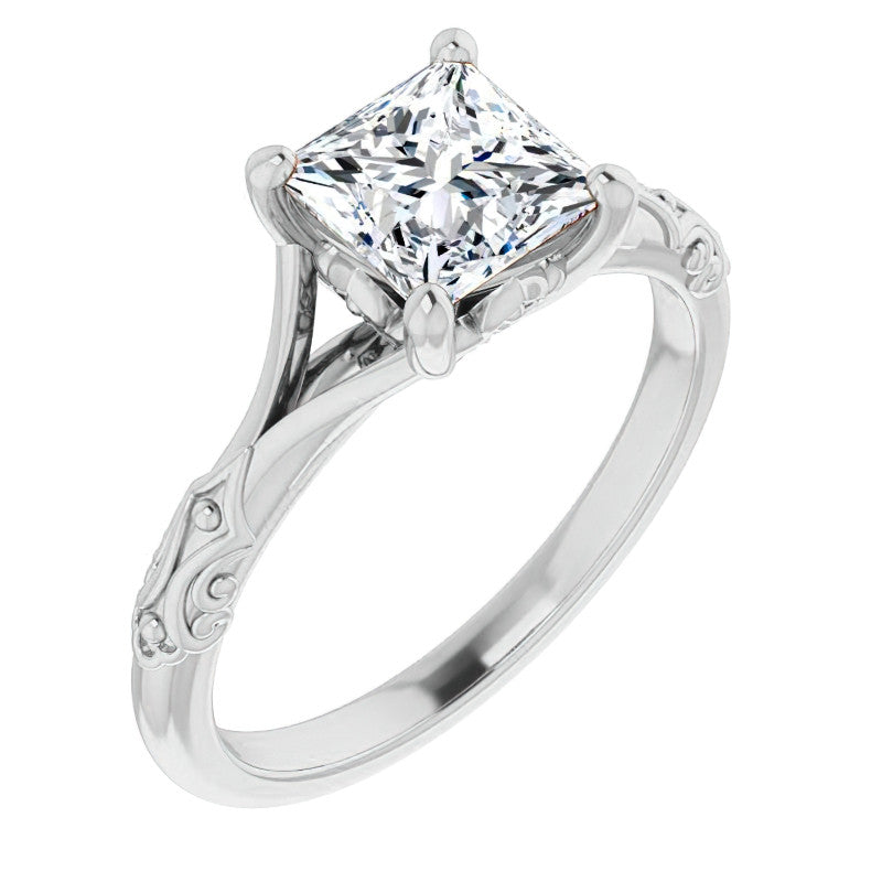 Princess cut Moissanite Scroll Accent Cathedral Engagement Ring