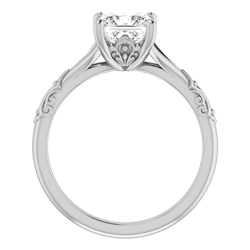 Princess cut Moissanite Scroll Accent Cathedral Engagement Ring