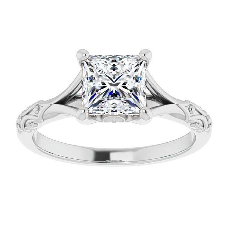 Princess cut Moissanite Scroll Accent Cathedral Engagement Ring
