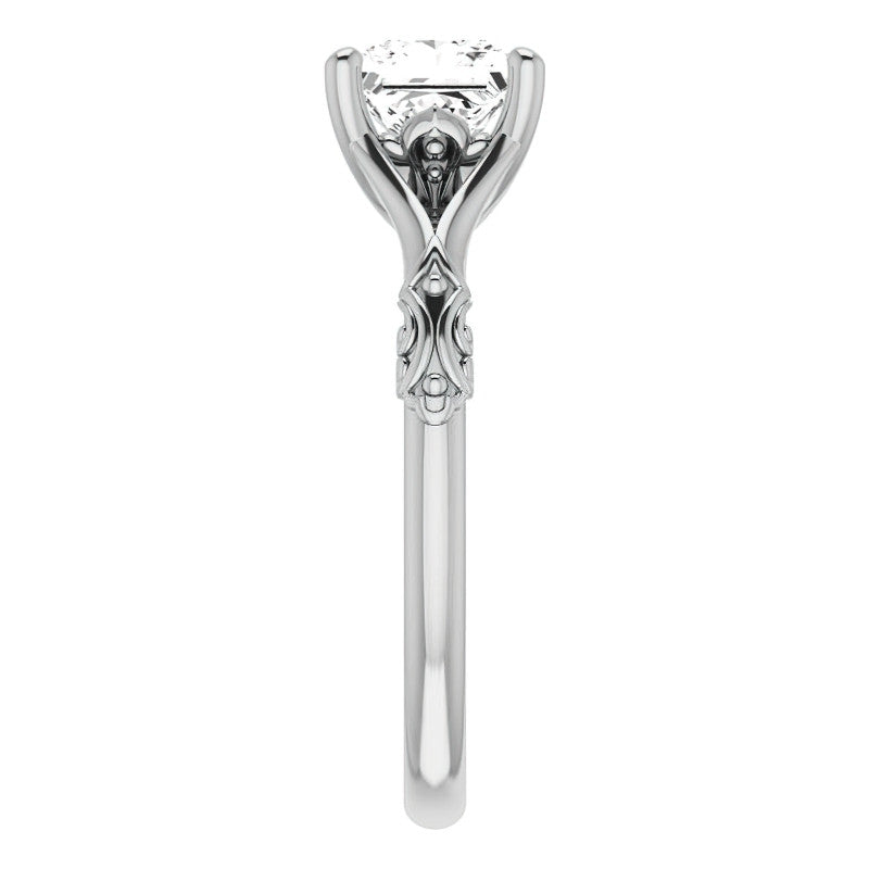 Princess cut Moissanite Scroll Accent Cathedral Engagement Ring