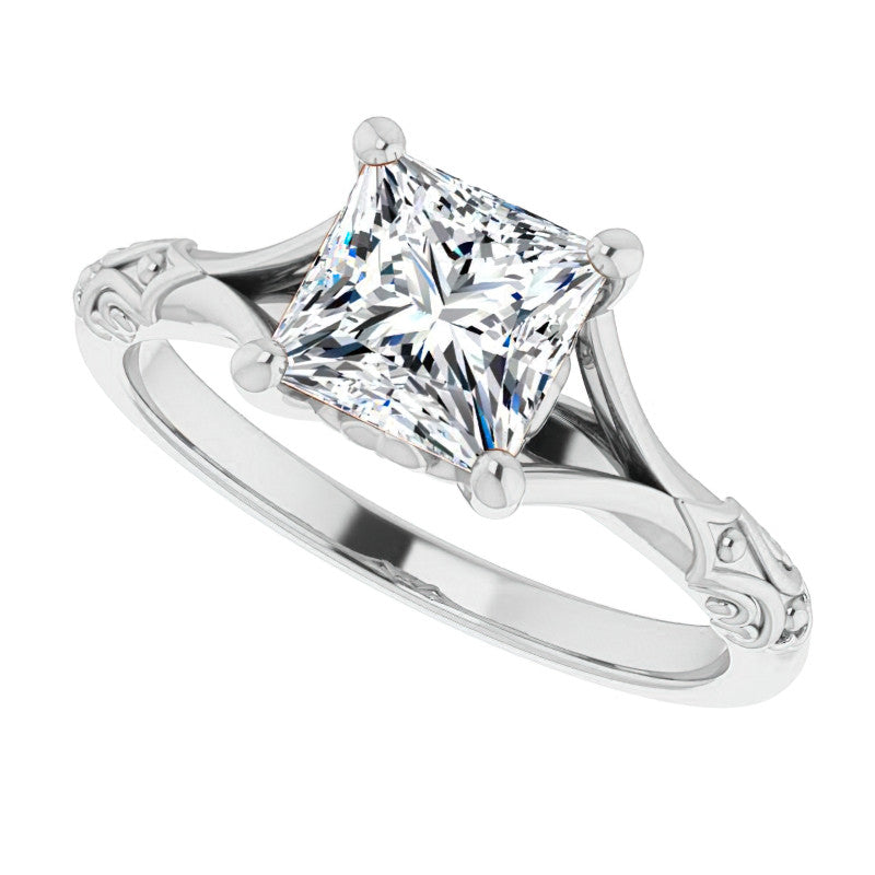 Princess cut Moissanite Scroll Accent Cathedral Engagement Ring