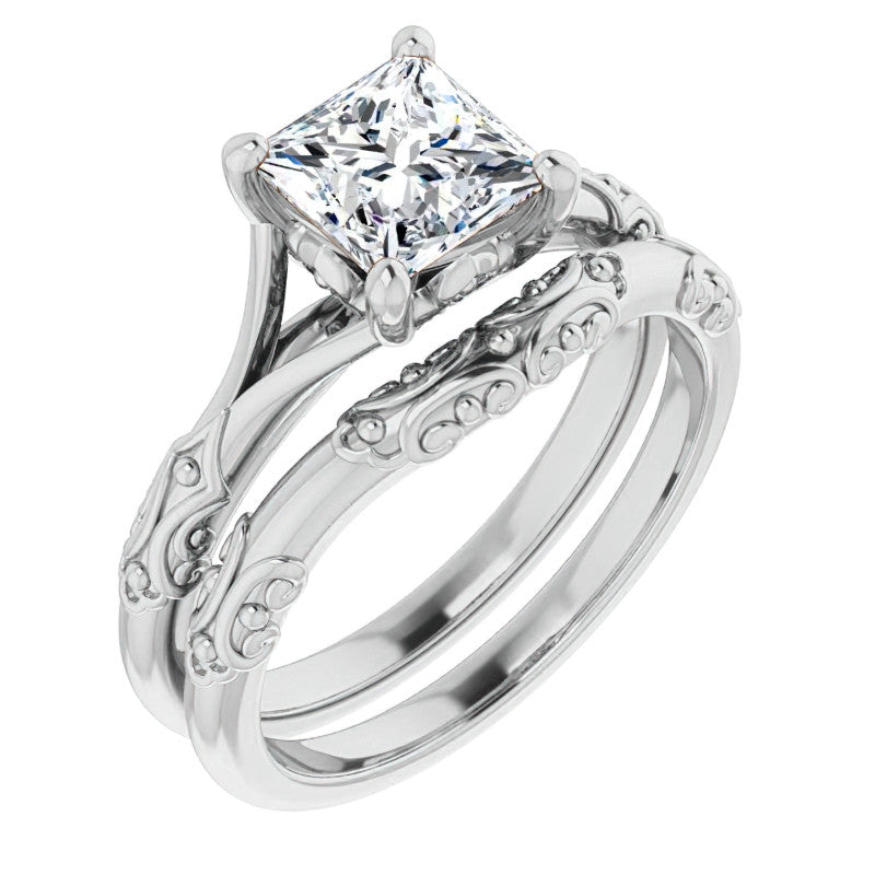 Princess cut Moissanite Scroll Accent Cathedral Engagement Ring