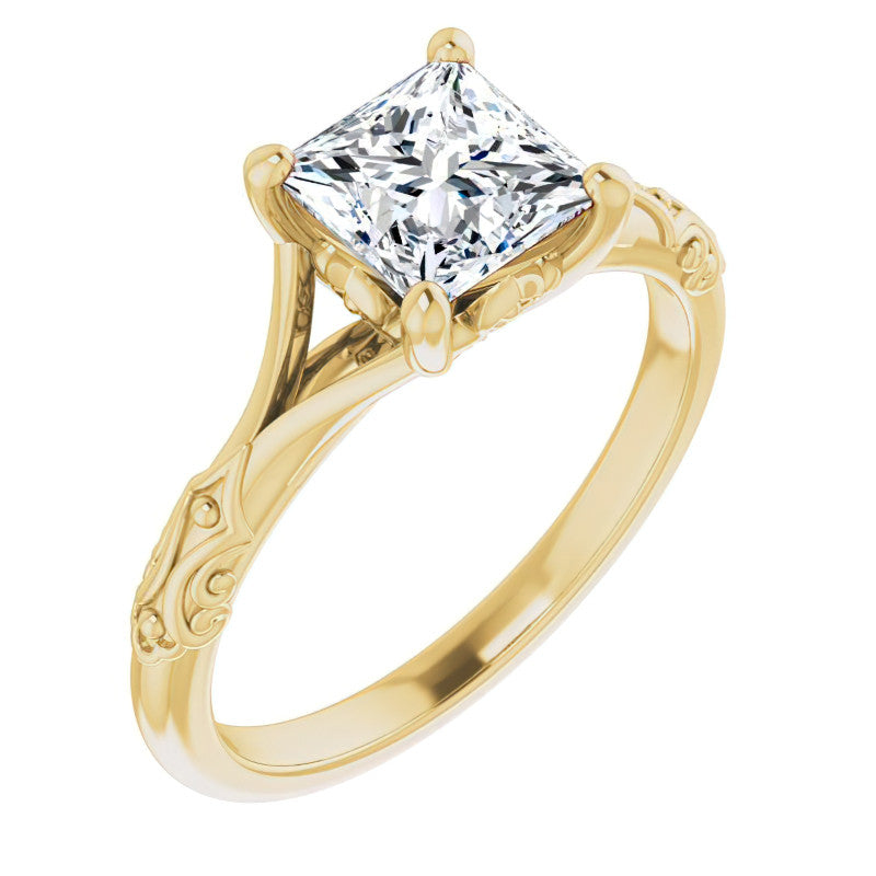 Princess cut Moissanite Scroll Accent Cathedral Engagement Ring