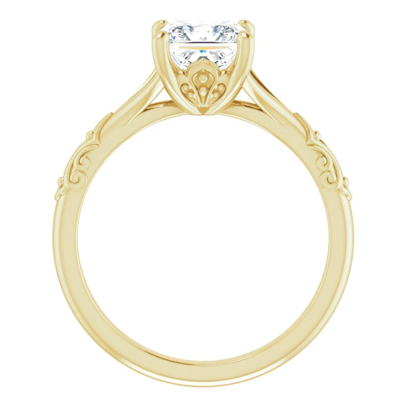 Princess cut Moissanite Scroll Accent Cathedral Engagement Ring