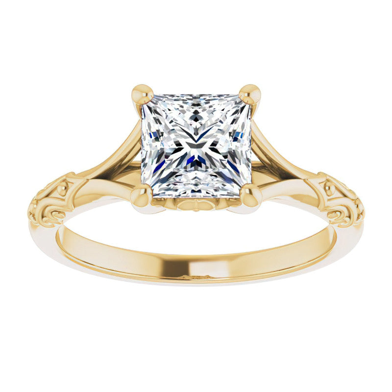 Princess cut Moissanite Scroll Accent Cathedral Engagement Ring