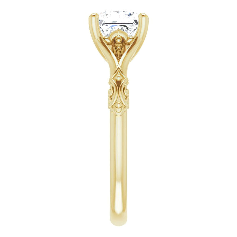 Princess cut Moissanite Scroll Accent Cathedral Engagement Ring