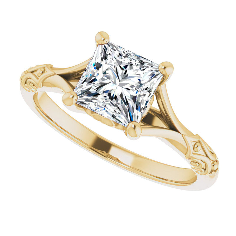 Princess cut Moissanite Scroll Accent Cathedral Engagement Ring
