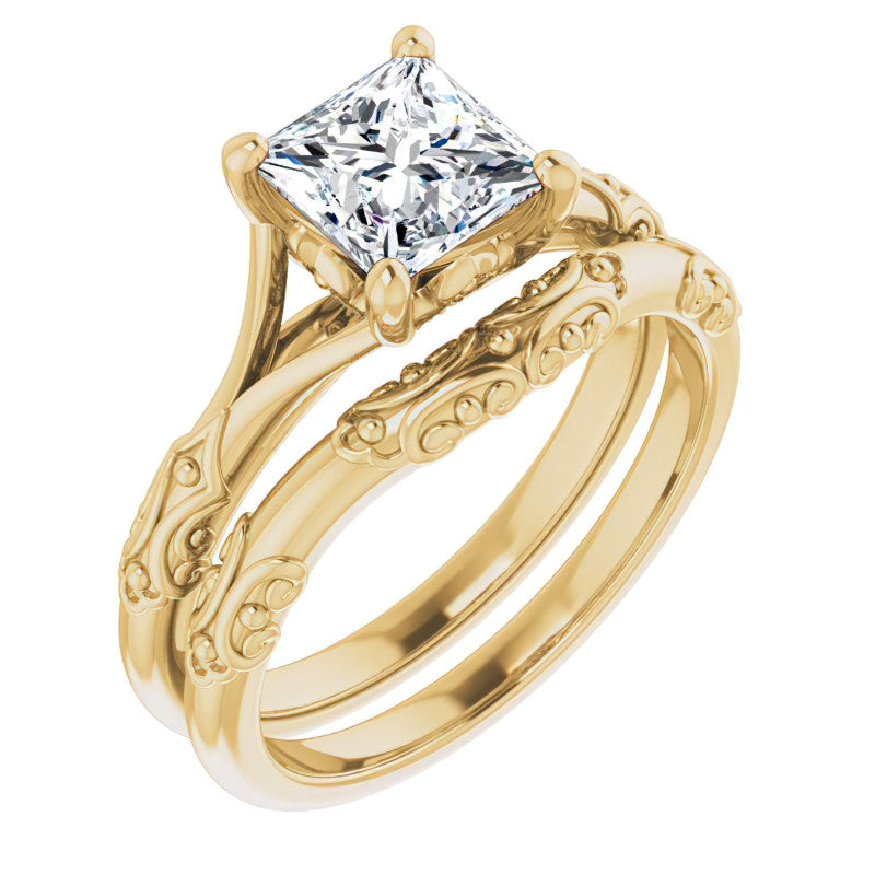 Princess cut Moissanite Scroll Accent Cathedral Engagement Ring