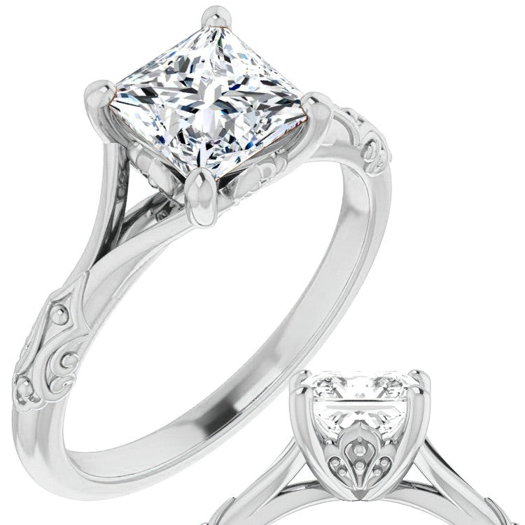 Princess cut Moissanite Scroll Accent Cathedral Engagement Ring