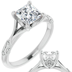 Princess cut Moissanite Scroll Accent Cathedral Engagement Ring