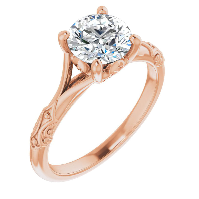 Round Brilliant Moissanite Scroll Accent Cathedral Engagement Ring