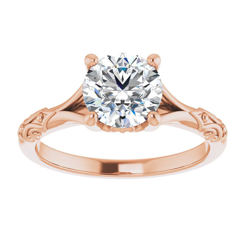 Round Brilliant Moissanite Scroll Accent Cathedral Engagement Ring