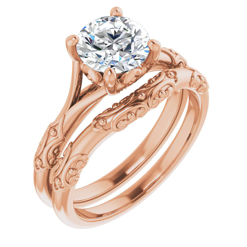 Round Brilliant Moissanite Scroll Accent Cathedral Engagement Ring