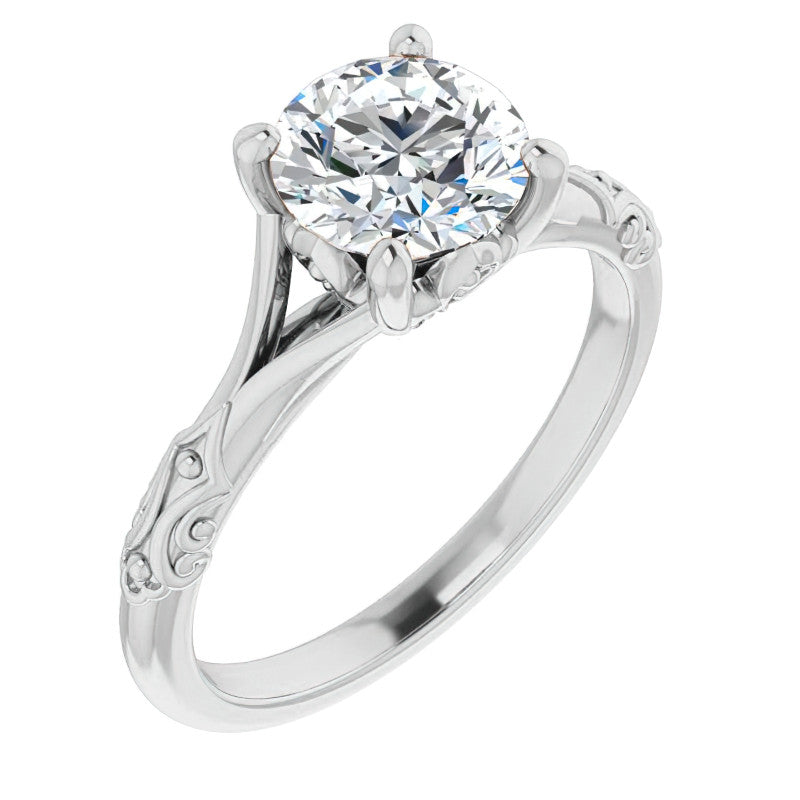 Round Brilliant Moissanite Scroll Accent Cathedral Engagement Ring