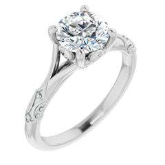 Round Brilliant Moissanite Scroll Accent Cathedral Engagement Ring